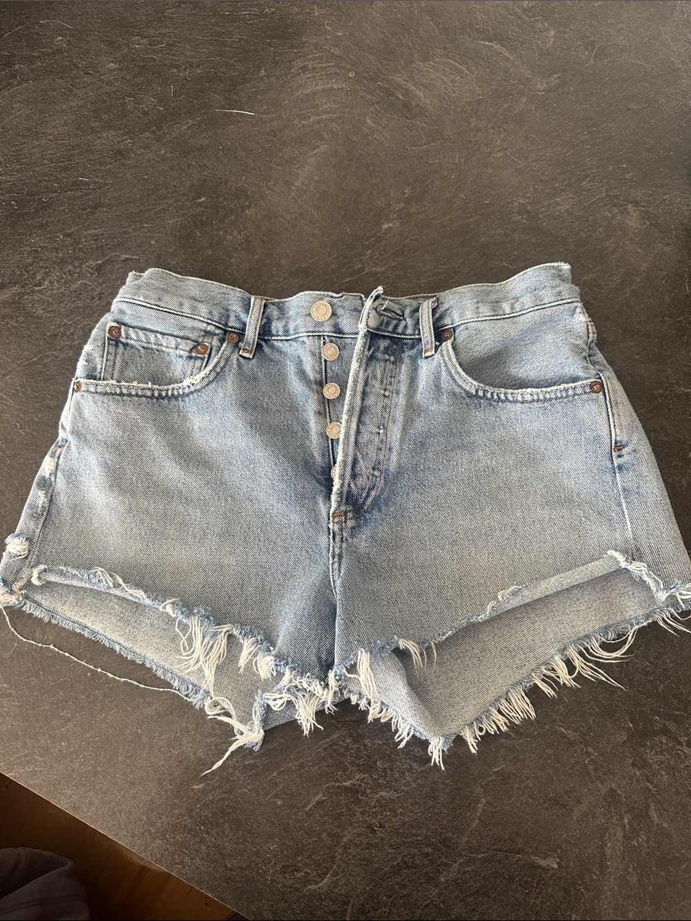 Agolde Light Blue High-Rise Frayed Denim Shorts